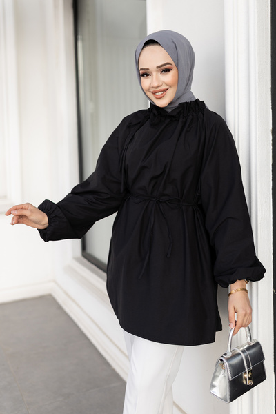 LOCCO Women's Lapel Drawstring Waist Tie-Up Tunic Black