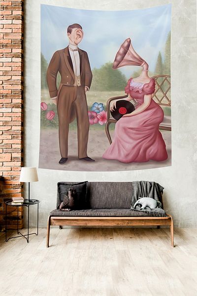 on the clouds Music Themed Woman and Man Stain Resistant Fabric Wall Drape Tapestry