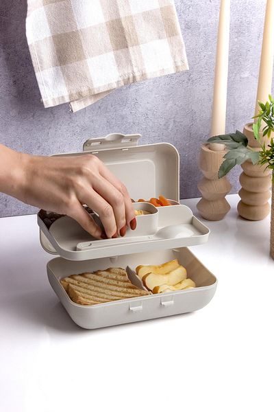 Okyanus Home Beige Lunch Box 2 Layers 5 Compartments Lunch Box with Self Fork and Spoon