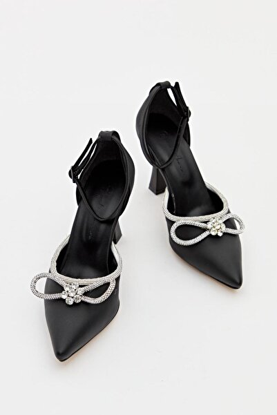 Hayati Arman Women's Mustache Bow Stone Detailed Evening Dress Shoes Black Satin