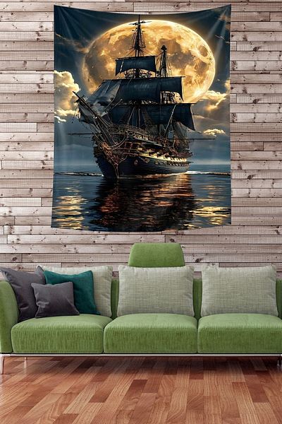 on the clouds Full Moon and Black Ship Tapestry with Non-Retention Fabric - Wall Cover and Carpet