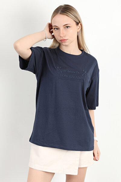 GİYSA Tricou cu broderie romantică cu decolteu pentru femei, bleumarin - 925017