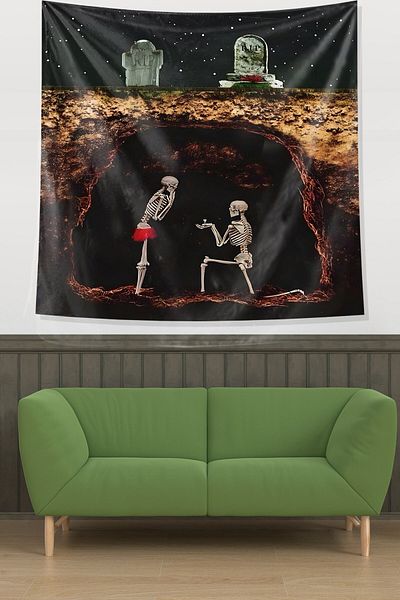 on the clouds Love Themed Skeletons under the Grave - Funny Stain Resistant Fabric Tapestry