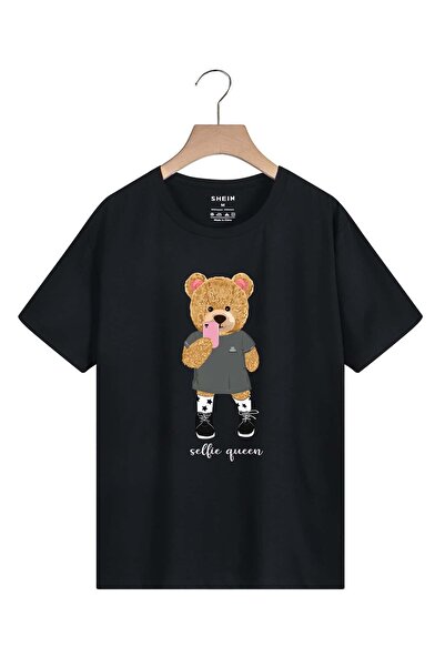 MODARİCH Тениска Selfie Queen - Черна, с голям размер, щампована, с кръгло де...