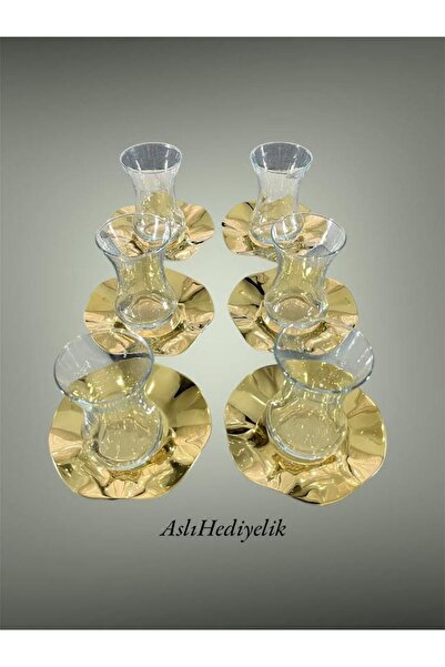 Aslı Hediyelik Lüx 6'lı Gold Dalga Model Paslanmaz Metal Çay Tabağı