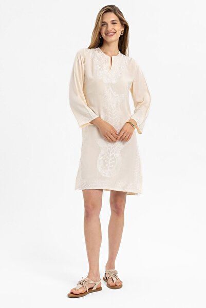 Deriderim Кремова вишивка з вишивкою з довгим рукавом без підкладки, бавовняна коротка сукня без підкладки, що не потіє