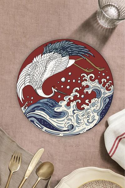 Saban Diameter 20 cm Red Stork Patterned Glass Cutting Table
