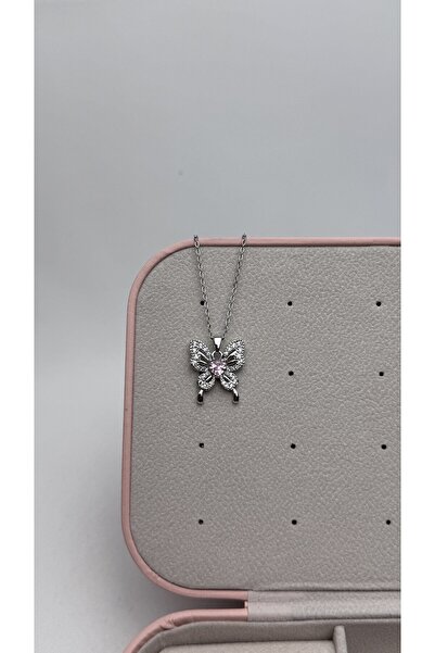 lilith accesuary Zircon Pink Stone Detailed Butterfly Necklace, Steel Necklac...