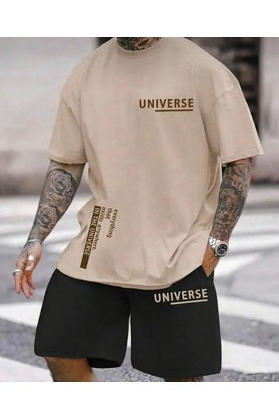 BYMEER Beige Universe Printed Top and Bottom Shorts T-shirt Set