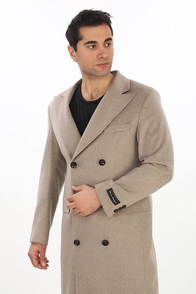 ŞAN GİYİM 4439 Men's Beige Belted Double Breasted Long Coats