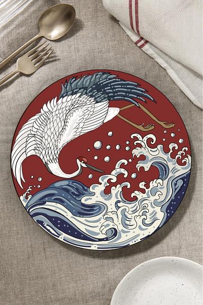 Saban Diameter 20 cm Red Stork Patterned Glass Cutting Table