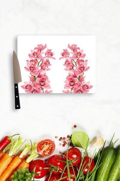 Saban 20X30 cm Glass Cutting Board Pink Orchid Patterned