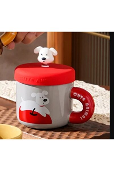 Giftpoint Porselen Kupa Kapaklı Köpek Figürlü Kırmızı Elma Cute Animal 1 Adet