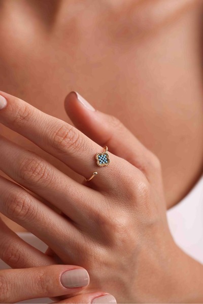 Bayar Gold 14 Ayar Altın Turkuaz Yonca Yüzük