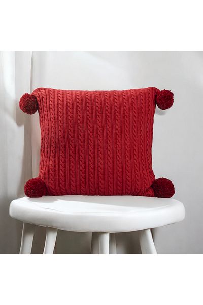 ASDİVA Knitted Model Red Pompom Handmade Decorative Throw Pillow Cover