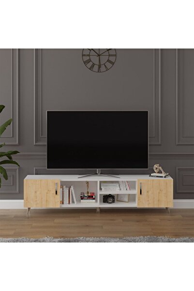 asratrend Asra Trend MDF Beyaz/Safir Meşe TV Ünitesi - 180 cm, Şık & Modern T...