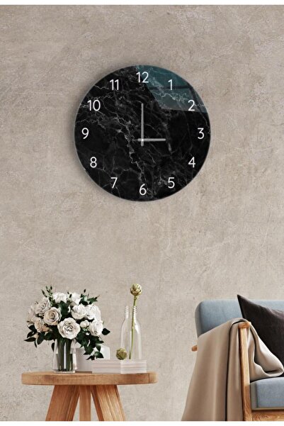 Saban Diametru 27cm - Marmură Neagră - Ceas de Perete Decorativ din Sticlă
