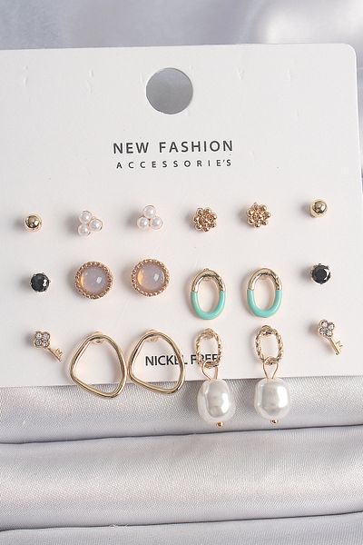 SeyCey.co Brass Gold Color Pearl Ring Model 9 Pairs Women's Earrings Set
