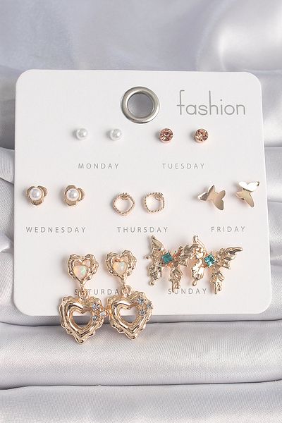 E BULURUM Brass Gold Color Pearl Detail Dangle Heart Blue Stone Detailed Butterfly Figure 7 Pairs Women's Earrings Set