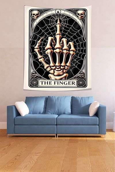 on the clouds Skeleton Fingers, Skull, Text Stain Resistant Fabric, Wall Covering, Wall Carpet Tapestry