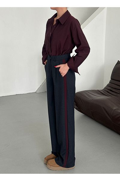 Laluvia Navy Blue - Burgundy Garnished Palazzo Trousers - 51092