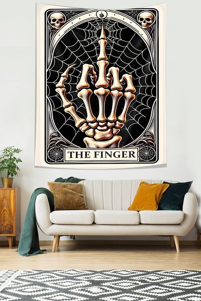 on the clouds Skeleton Fingers, Skull, Text Stain Resistant Fabric, Wall Covering, Wall Carpet Tapestry