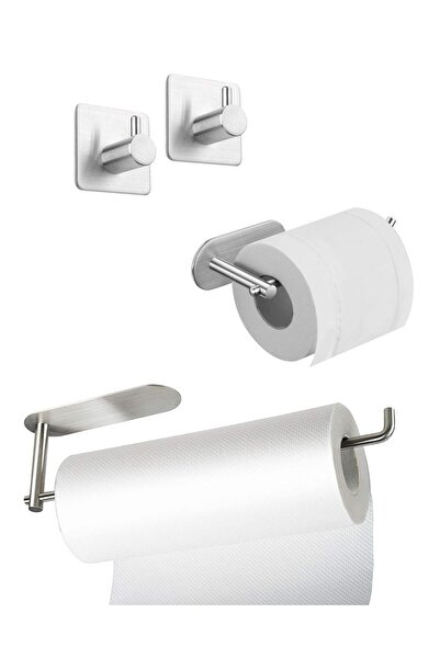 DELTAHOME Paslanmaz Çelik Yapışkanlı Kağıt Havluluk - Tuvalet Kağıtlığı - 2 Adet Askılık SET