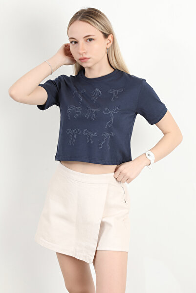 GİYSA Tricou cu imprimeu cu fundă pentru damă, albastru bleumarin - 925027