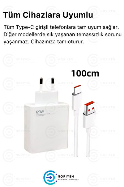 Noriyen Premium Ultra Hızlı 120W Hızlı Şarj Seti Adaptör + Type C Kablosu Tüm Telefonlara Uyumlu Şarj Cihazı
