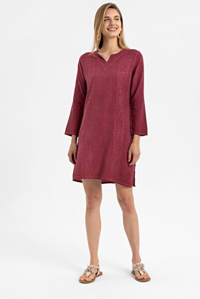 Deriderim Бордовий вишитий довгий рукав без підкладки, не пропускає піт, бавовняна коротка сукня