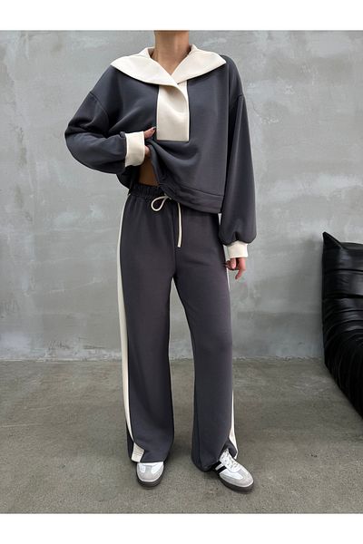 BRTC design Women's Anthracite - Beige Stripe Handkerchief Collar Sweatshirt Tracksuit Set