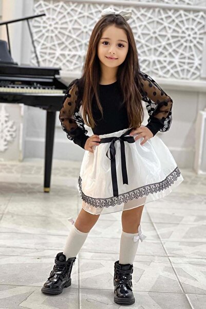 Riccotarz Girls' Black Sweater with Polka Dot Sleeves and Sheer Tulle Detail, Set with Guipure Tulle and Satin Skirt