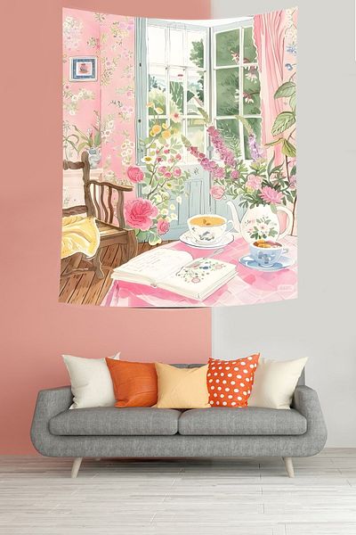 Pelangi Bohemian Pink Floral Patterned Anti-Stick Fabric Tapestry - Spring Landscape Wall Cover