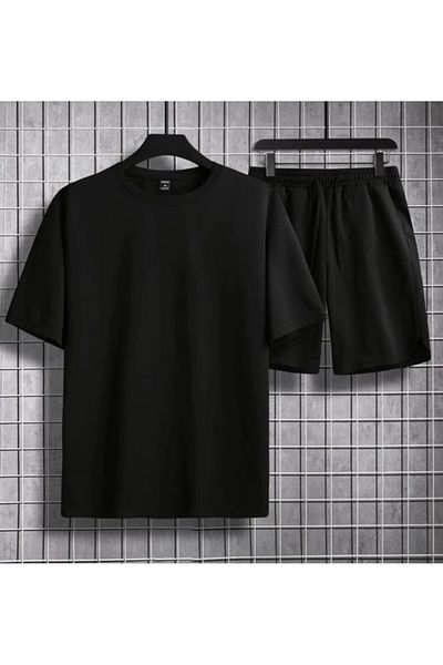 BYMEER Black Flat Bottom Top Shorts T-Shirt Set
