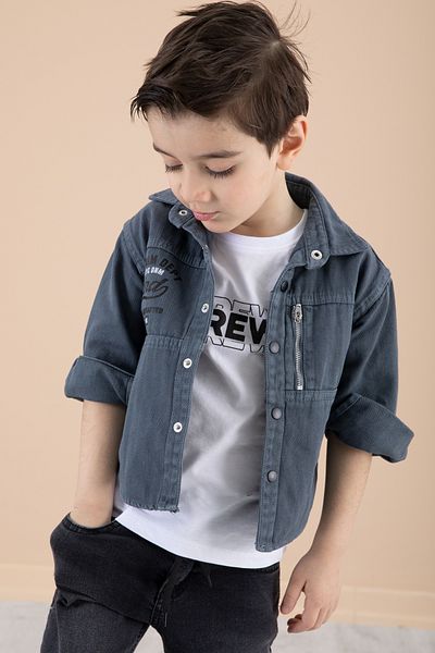 Cansın Mini Jachetă Indigo pentru băieți - Departament cu fermoar, text imprimat, detaliu tricou 20089