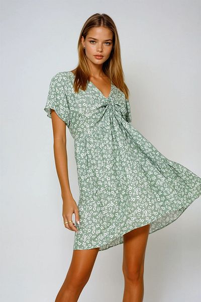 VAGGON Rochie de damă kaki cu decolteu în V cu imprimeu floral