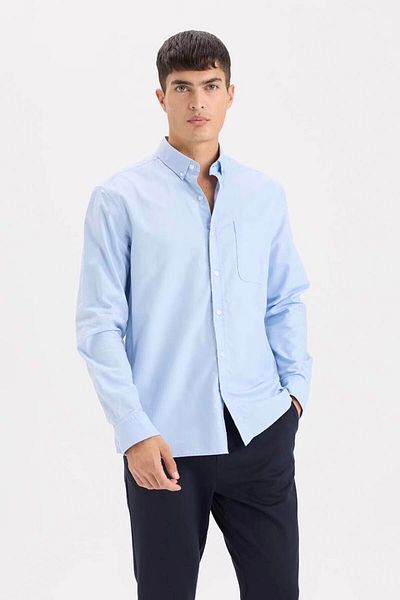 DeFacto Cămașă Oxford Basic Polo pentru bărbați - albastru, solid, mânecă lungă A8028AX/BE196