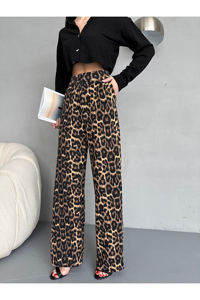 alanora Women's Leopard Print High Waist Lycra Palazzo Fabric Pants