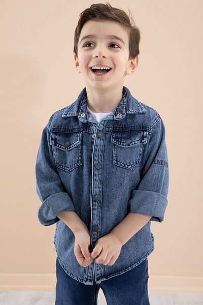 Cansın Mini Tricou albastru cu gât roșu Cămașă de jeans pentru băiat cu imprimeu pe spate 20088