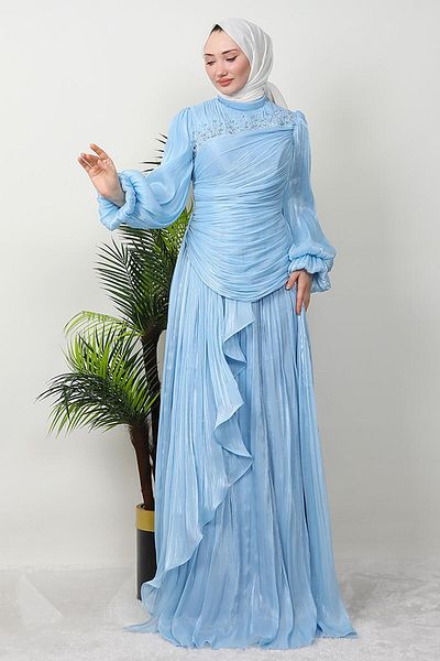GİZ AGİYİM Baby Blue Tulin Hijab Evening Dress