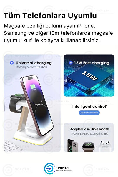 Noriyen 4in1 Çok Fonksiyonlu Manyetik Kablosuz Şarj İstasyonu iPhone iOS Android Uyumlu Wireless Şarj Standı