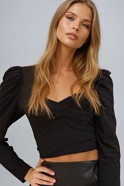 VAGGON Γυναικεία Σκούρα Μαύρη Μπλούζα Kiss Collar Princess Sleeve Crop