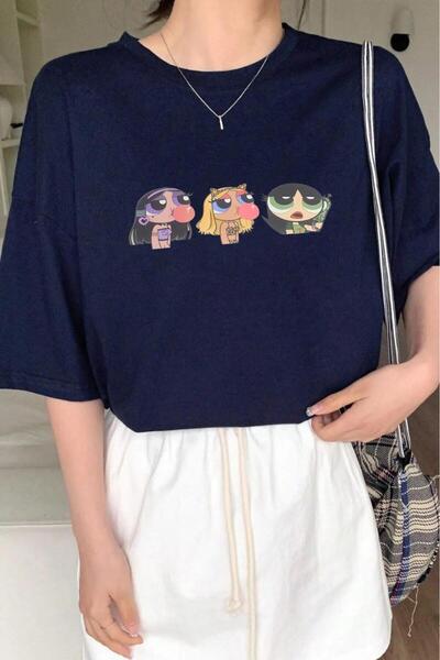 NO 601 Tricou de damă, albastru bleumarin, oversize Power Puff Girl, cu impri...