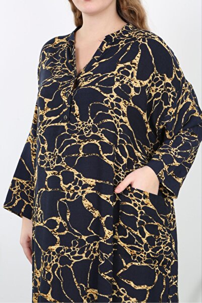 Şans Жіноче велике розмір темно-синє ткане віскозне плаття з довгими рукавами та ґудзиками спереду 65N38730