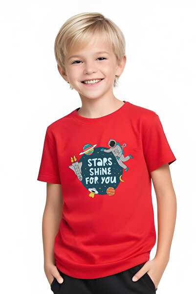 YA KO KİDS Shine Astronaut Printed Boys' Short Sleeve Double Pocket Bottom-Top Suit