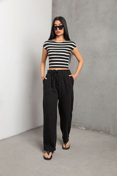 Maule Wide Cut Black Muslin Women's Trousers - Lace-up and Elastic Pocket @lugo