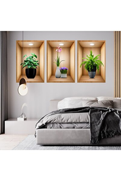 Greathings Set de 3 autocolante de perete cu vază de flori 3D Fundal maro