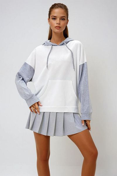VAGGON Γυναικείο φούτερ με κουκούλα εκρού Color Block Oversize