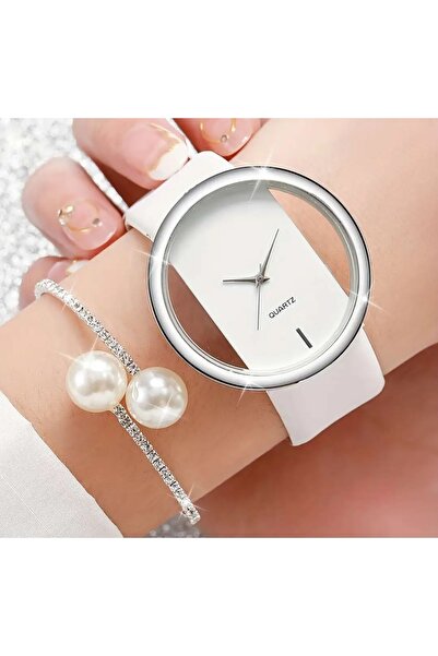 stainless steell VİP beyaz renk kadın kuvars saat bileklik set