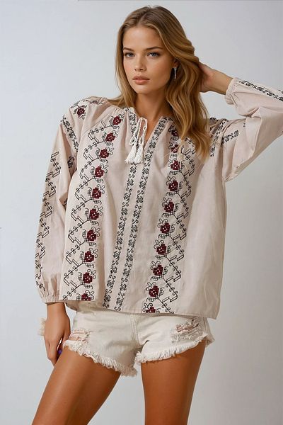 VAGGON Women's Beige Slit Neck Full Embroidered Woven Blouse